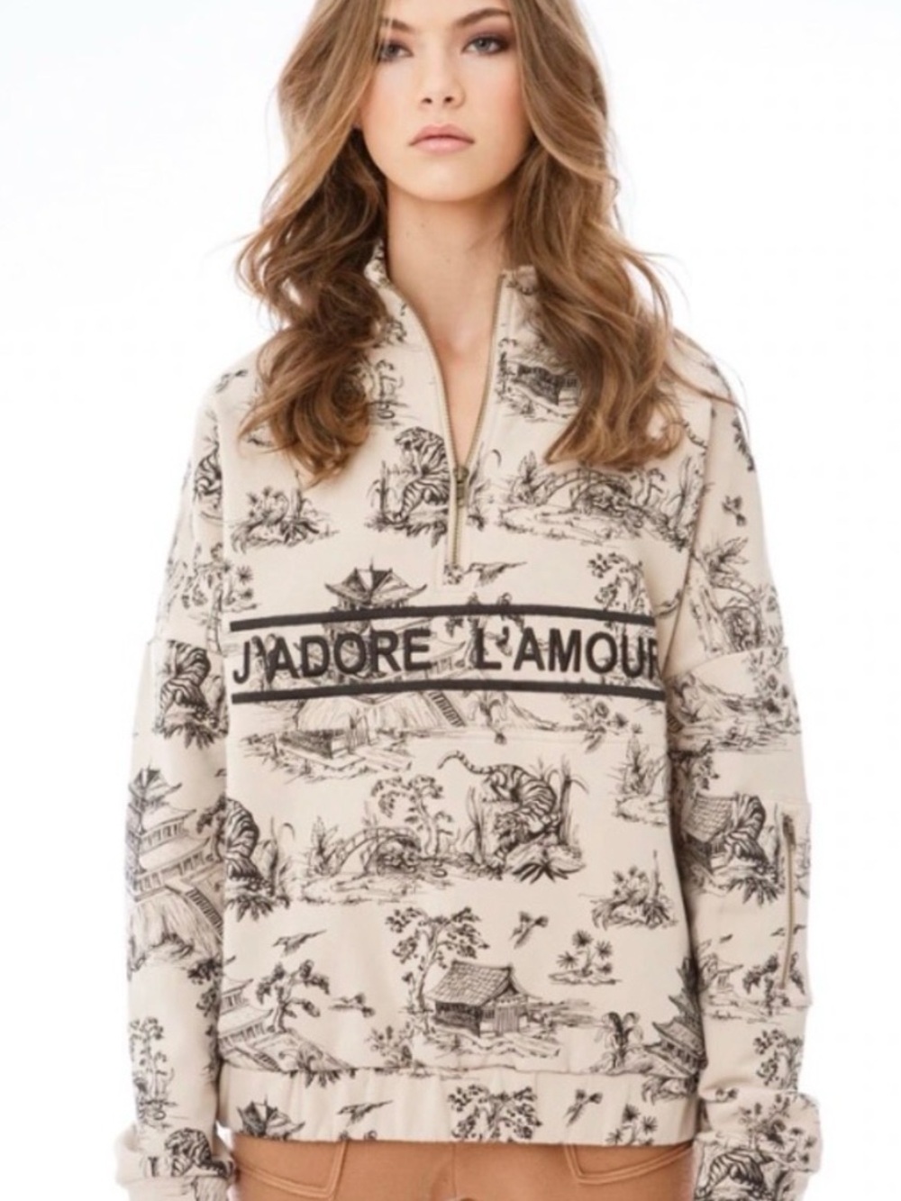 Ell and Emm J'Adore L'Amour Beige Graphic Half-Zip Sweatshirt